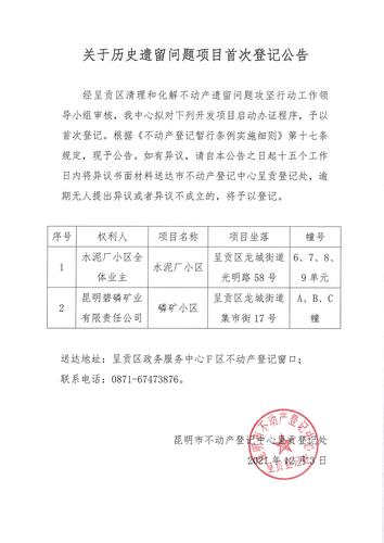 关于历史遗留问题项目首次登记公告