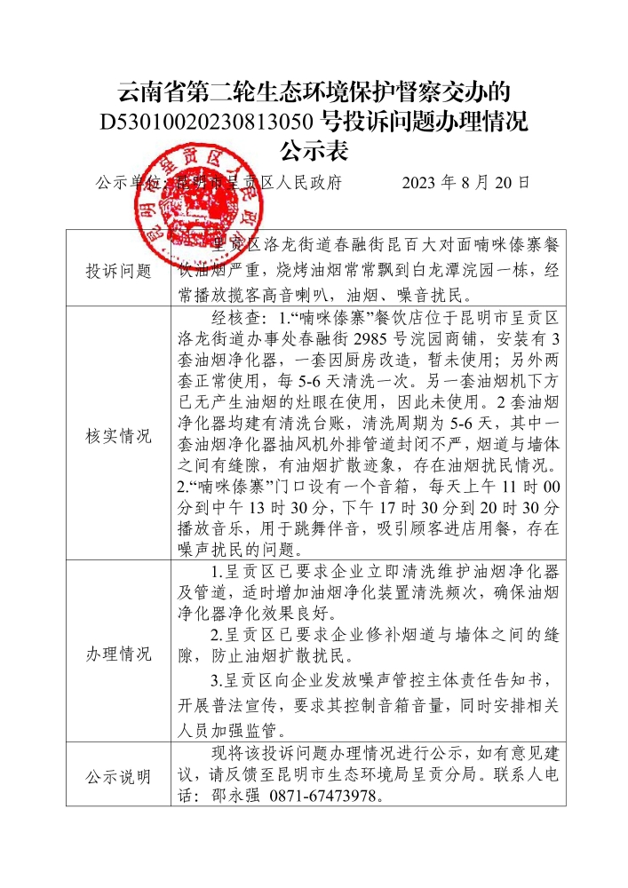 云南省第二轮生态环境保护督察交办的D<span style='background-color:;'>53010020230813050</span>号投诉问题办理情况公示表_00