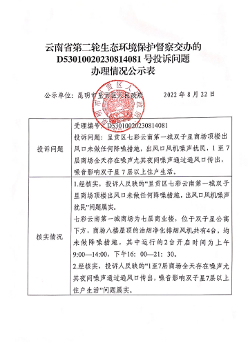 云南省第二轮生态环境保护督察交办的D<span style='background-color:;'>53010020230814081</span>号投诉问题办理情况公示表01