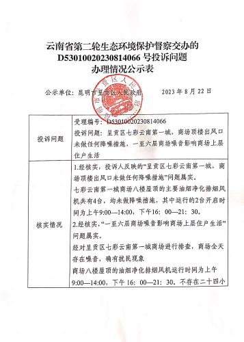 云南省第二轮生态环境保护督察交办的D<span style='background-color:;'>53010020230814066</span>号投诉问题办理情况公示表01