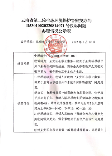 云南省第二轮生态环境保护督察交办的D<span style='background-color:;'>53010020230814071</span>号投诉问题办理情况公示表01