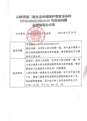 云南省第二轮生态环境保护督察交办的D<span style='background-color:;'>53010020230816145</span>号投诉问题办理情况公示表01