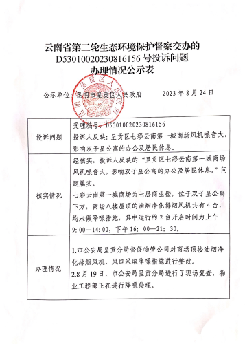 云南省第二轮生态环境保护督察交办的D<span style='background-color:;'>53010020230816156</span>号投诉问题办理情况公示表01