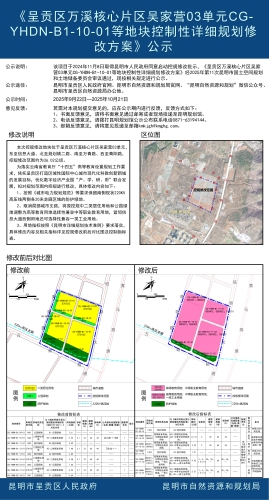 《呈贡区万溪核心片区吴家营03单元CG-YHDN-B1-10-01等地块控制性详细规划修改方案》公示