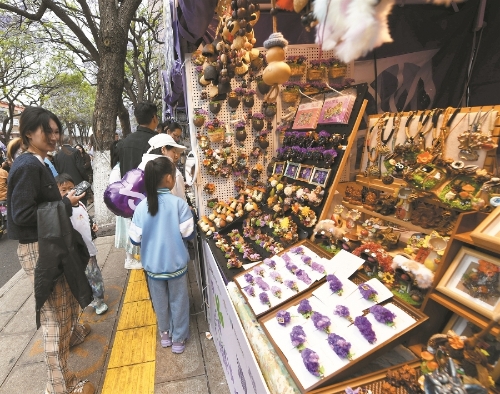 蓝花楹主题文创产品引游客驻足。